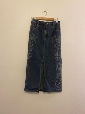 Embroidered Dark Wash Denim Maxi Skirt - Floral Detail